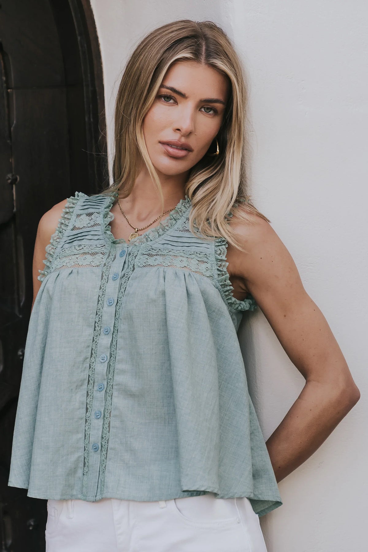 Megan Button Up Tank in Teal