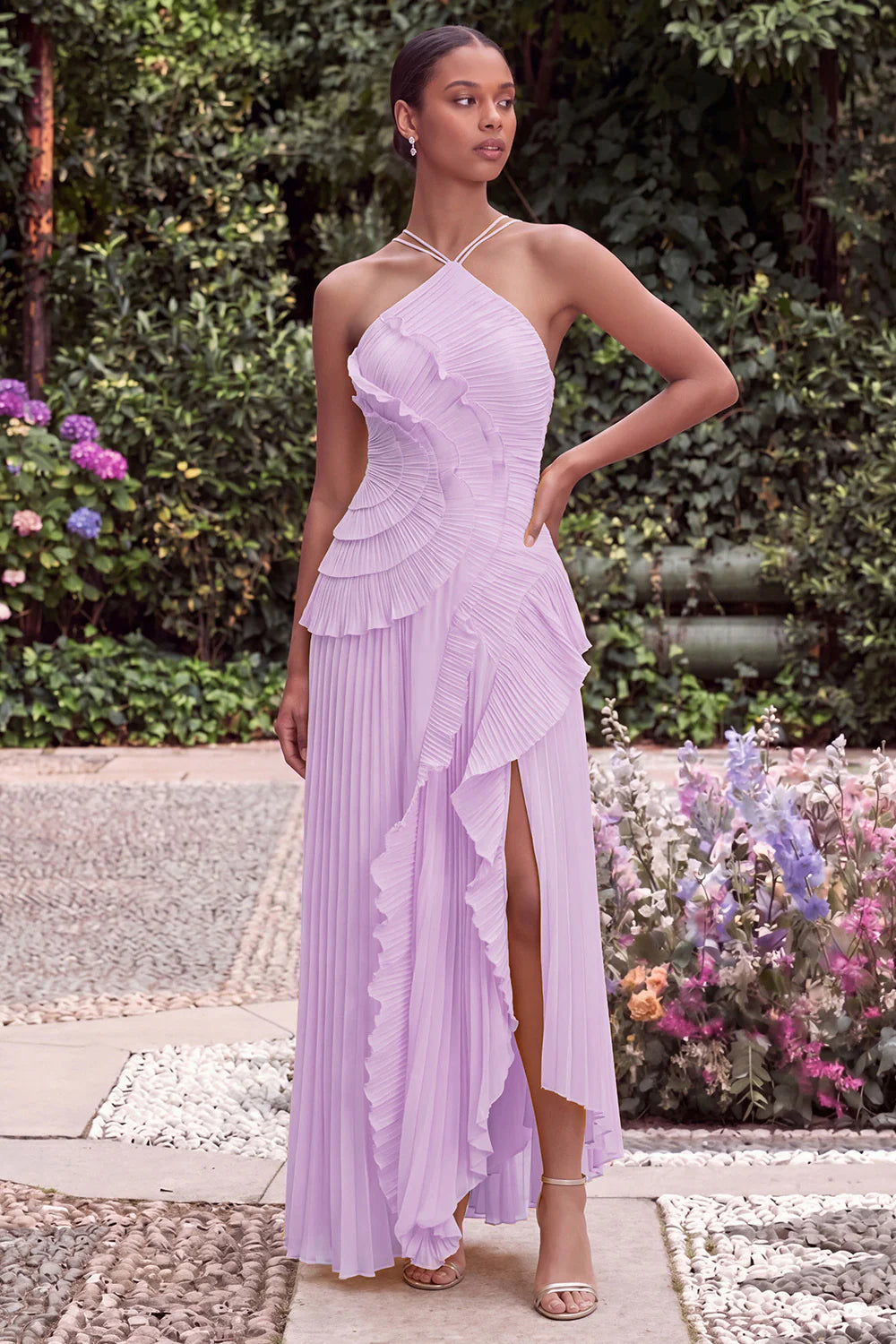 Lilac Halter A Line Pleated Ruffled Bridesmaid Dress with Slit