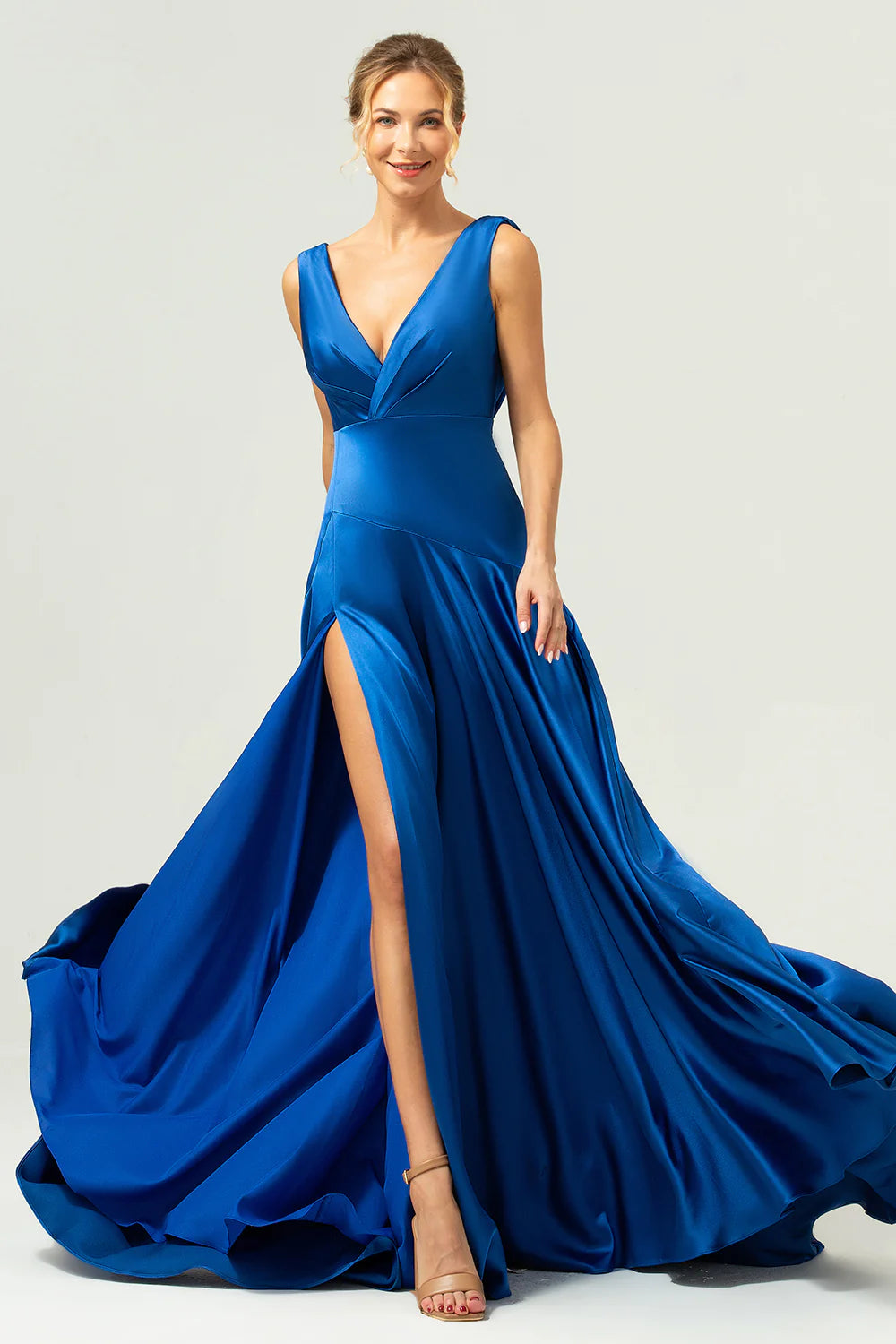 A Line V Neck Satin Ruched Long Ink Blue Bridesmaid Dress with Slit