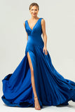 A Line V Neck Satin Ruched Long Ink Blue Bridesmaid Dress with Slit