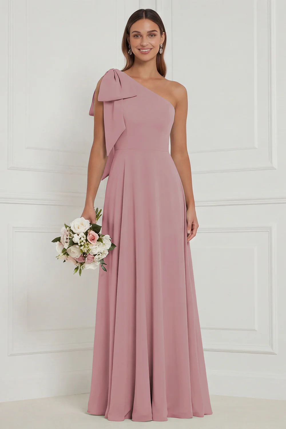 One Shoulder Bow A Line Sage Bridesmaid Dress with Lace up Back