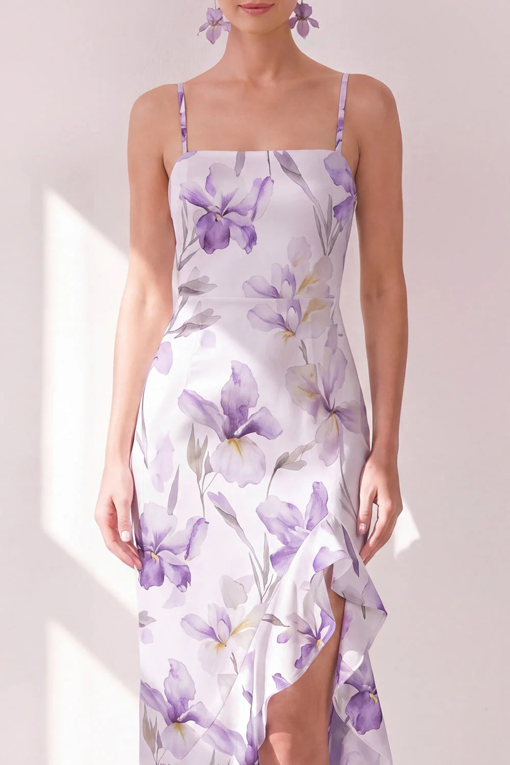 Lilac Flower Chiffon Ruffled Sheath Midi Dress with Slit