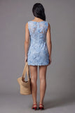 Blue Appliqued Illusion Neck Bodycon Mini Dress