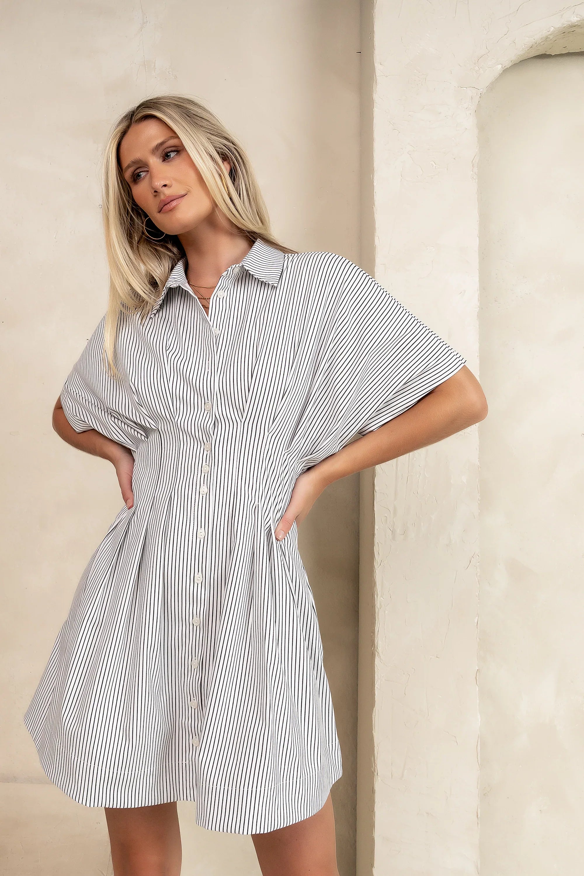 Erica Button Front Mini Dress in White FINAL SALE