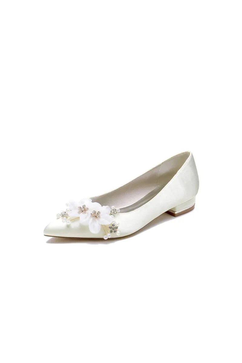 Satin Champagne Flats with Delicate Flower Embellishments