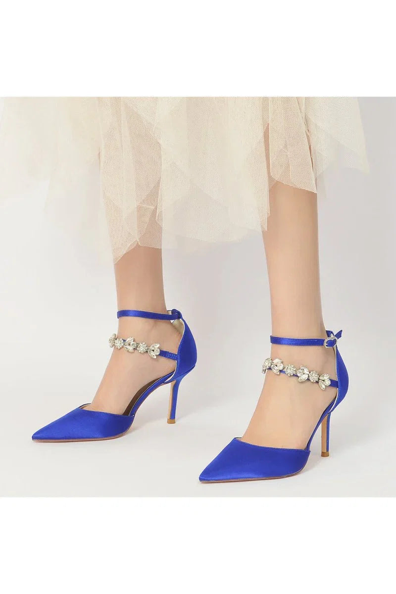 Pointed Toe Crystal Buckle Strap High Heels