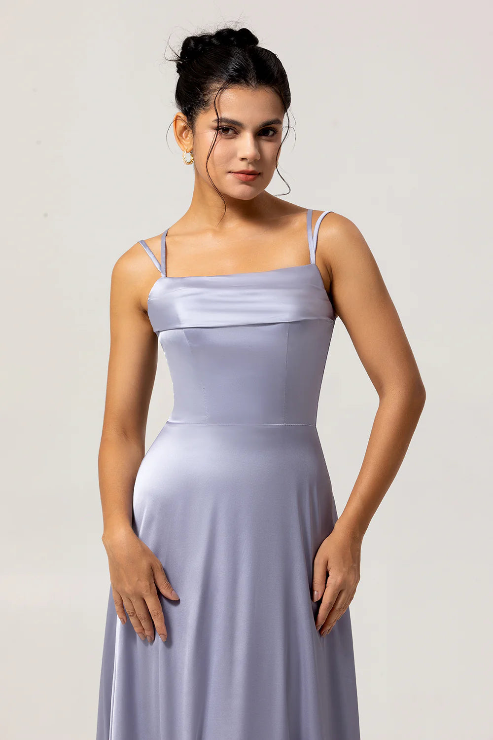 Dusty Blue A Line Satin Long Plus Size Bridesmaid Dress with Lace Up Back