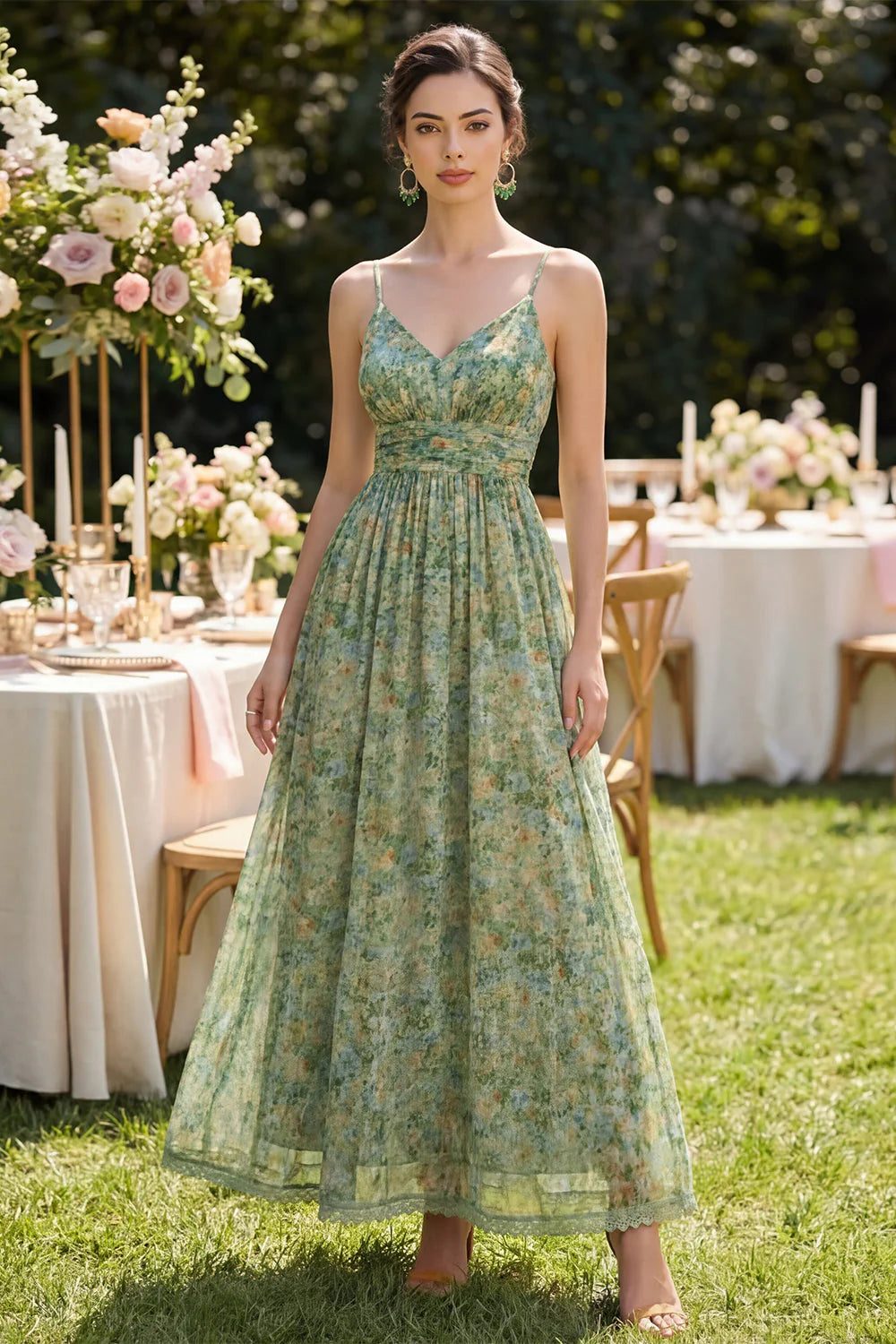 Dusty Green Floral Spaghetti Straps Long Wedding Guest Dress