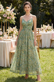 Dusty Green Floral Spaghetti Straps Long Wedding Guest Dress