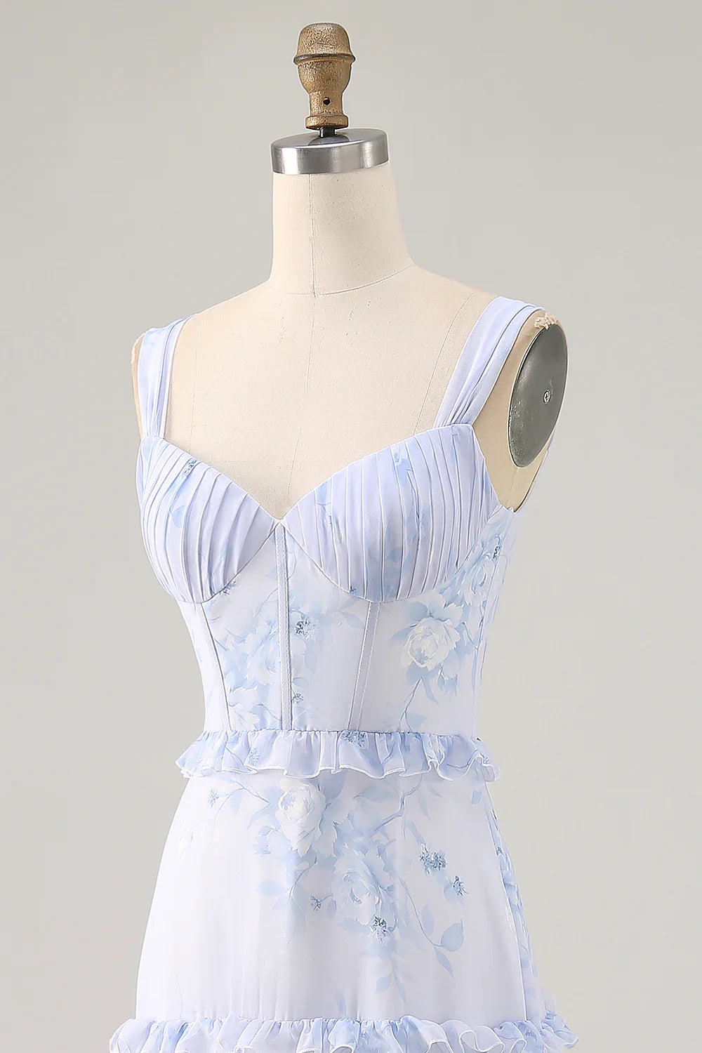Blue Flower A Line Printed Long Bridesmaid Dress with Lace Up Back