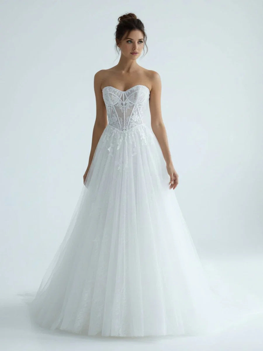 Charming A Line Strapless Tulle Lace Wedding Dresses