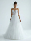 Charming A Line Strapless Tulle Lace Wedding Dresses