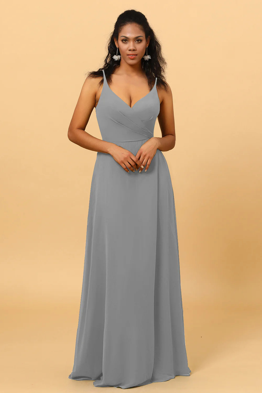 A Line V Neck Spaghetti Straps Floor Length Long Chiffon Bridesmaid Dress