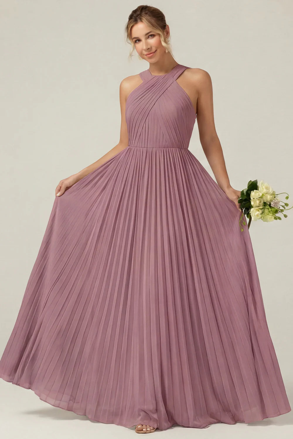 Dusty Sage A Line Halter Pleated Long Bridesmaid Dress