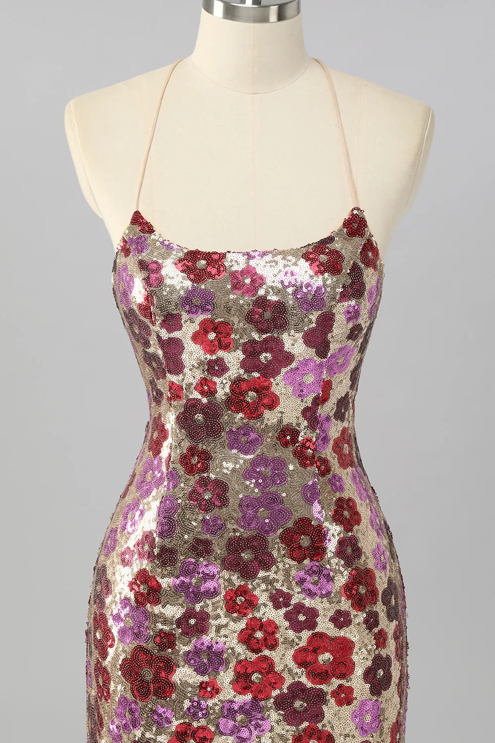 Red Flower Sequins Bodycon Spaghetti Straps Homecoming Dress with Lace Up Back