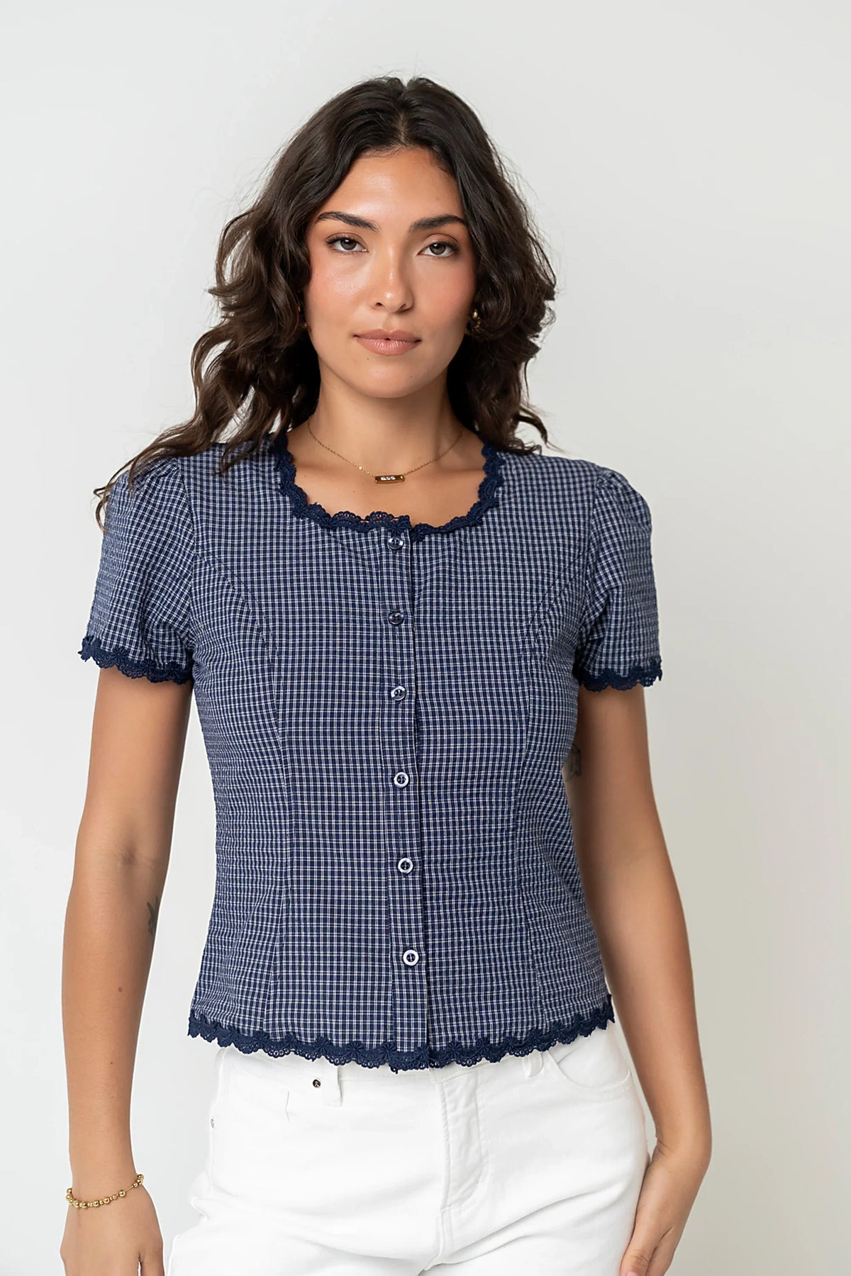 Serra Lace Trim Blouse in Navy