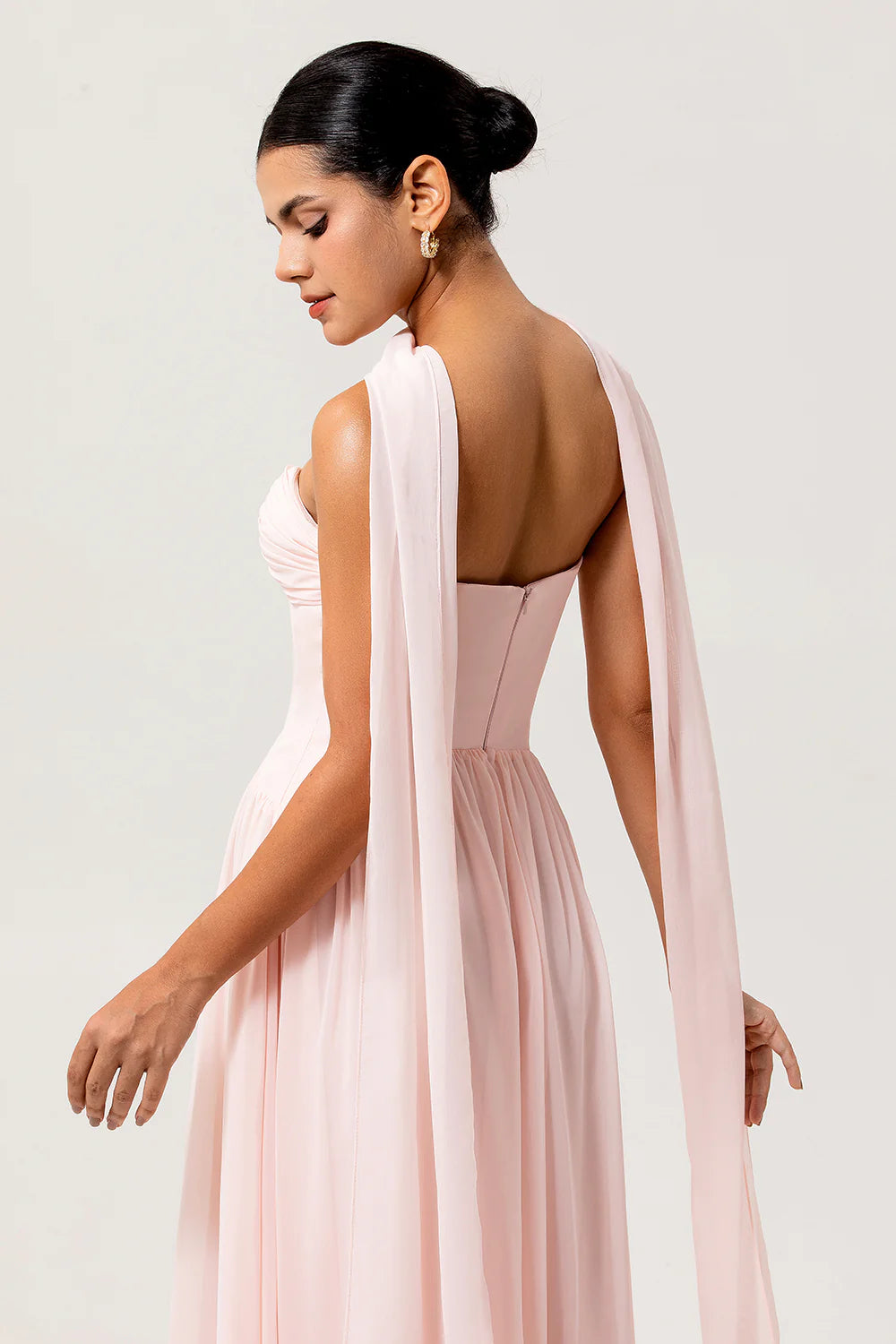 Blush A Line Strapless Ruched Corset Chiffon Convertible Long Plus Size Bridesmaid Dress with Slit