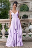 A Line Spaghetti Straps Chiffon Long Bridesmaid Dress with Ruffles