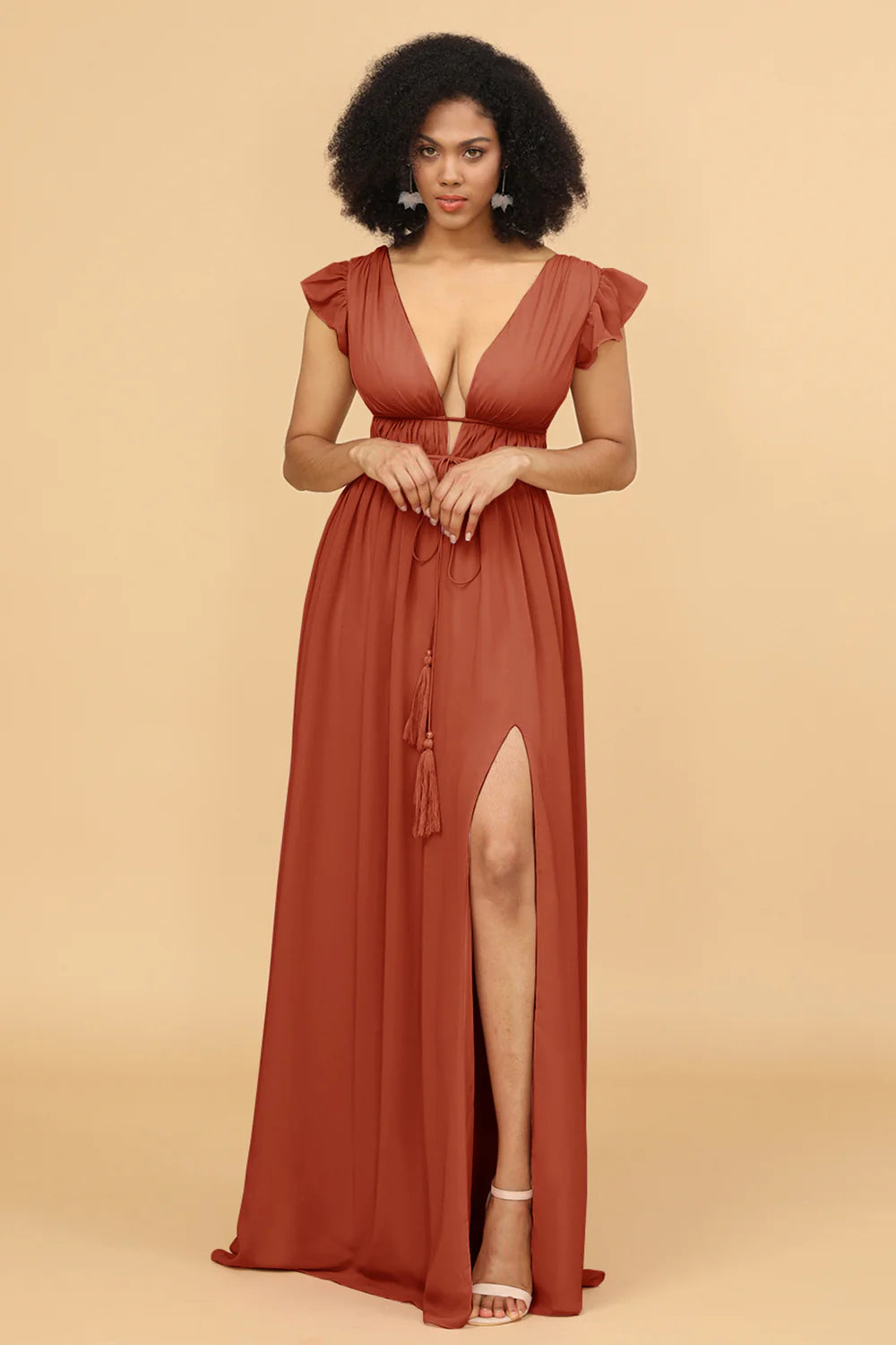 A Line Deep V Neck Long Chiffon Bridesmaid Dress with Slit