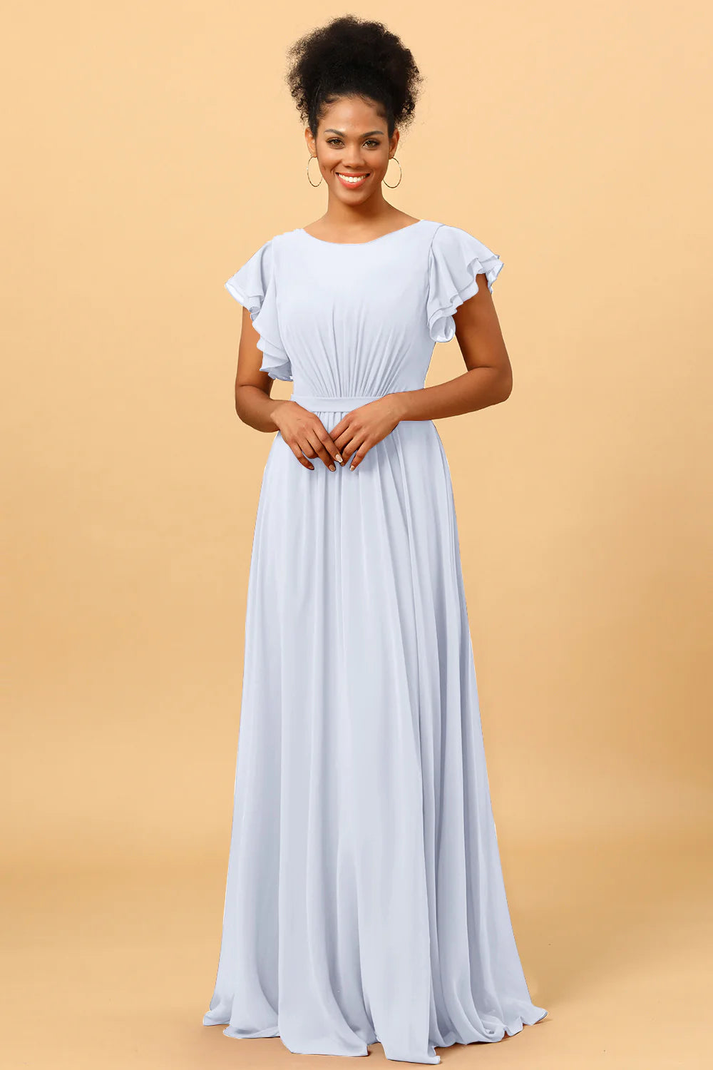 A Line Bateau Neck Ruched Long Chiffon Bridesmaid Dress with Ruffles