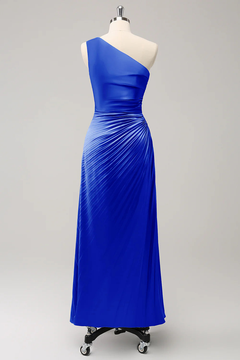 Blue Sheath One Shoulder Satin Keyhole Long Bridesmaid Dress