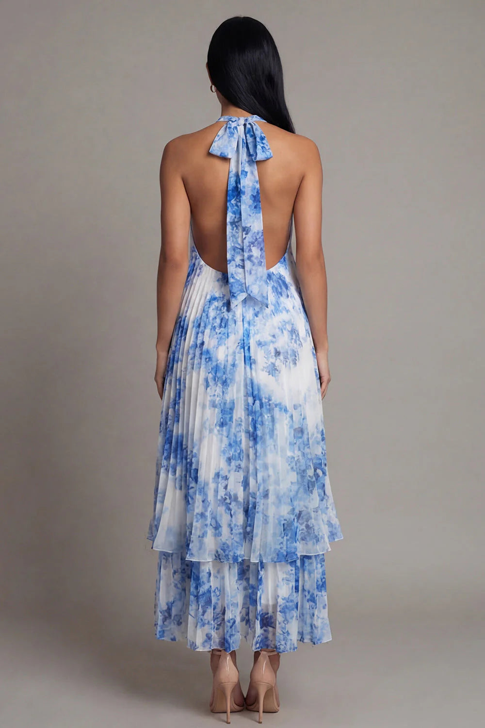 Halter Pleated A Line Sky Blue Wedding Guest Dress