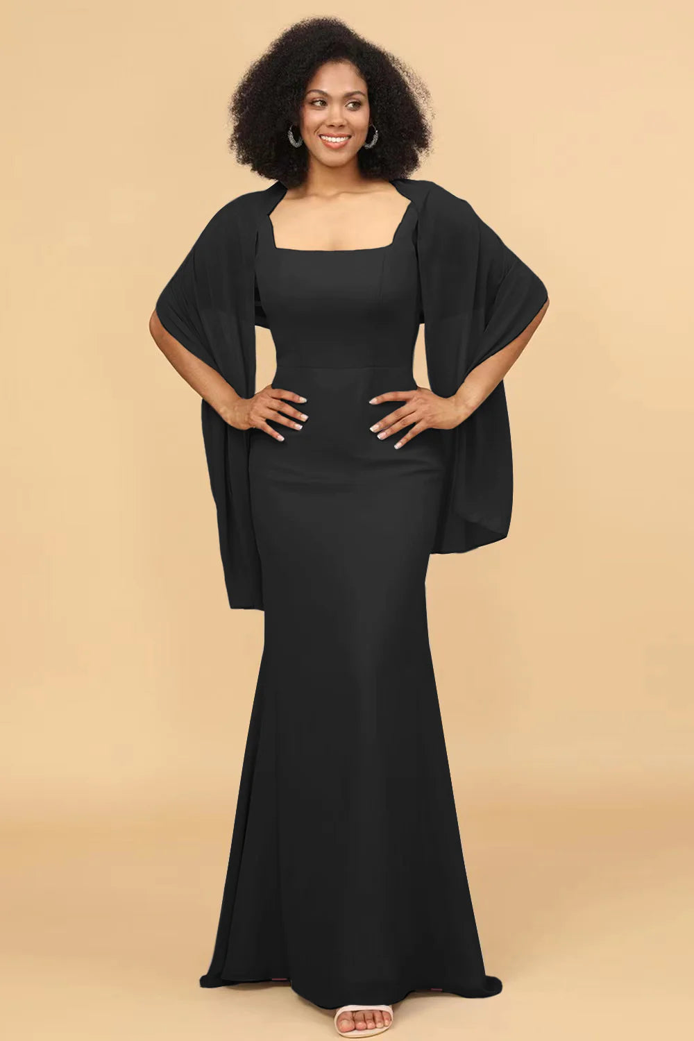 Mermaid Square Neck Long Chiffon Bridesmaid Dress with Cape