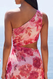 Pink One Shoulder Cut Out Floral Wedding Guest Dress with Slit