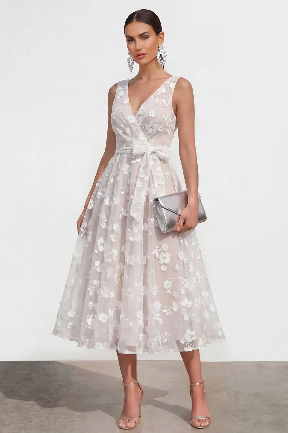 Blue Floral A Line Midi Wedding Guest Dress with Bow