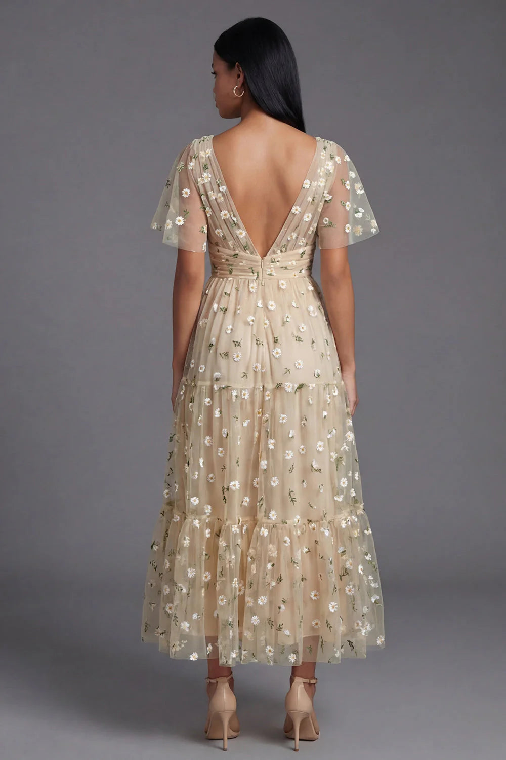 Floral Champagne A Line Wedding Guest Dress with Short Sleeves