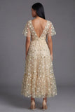 Floral Champagne A Line Wedding Guest Dress with Short Sleeves