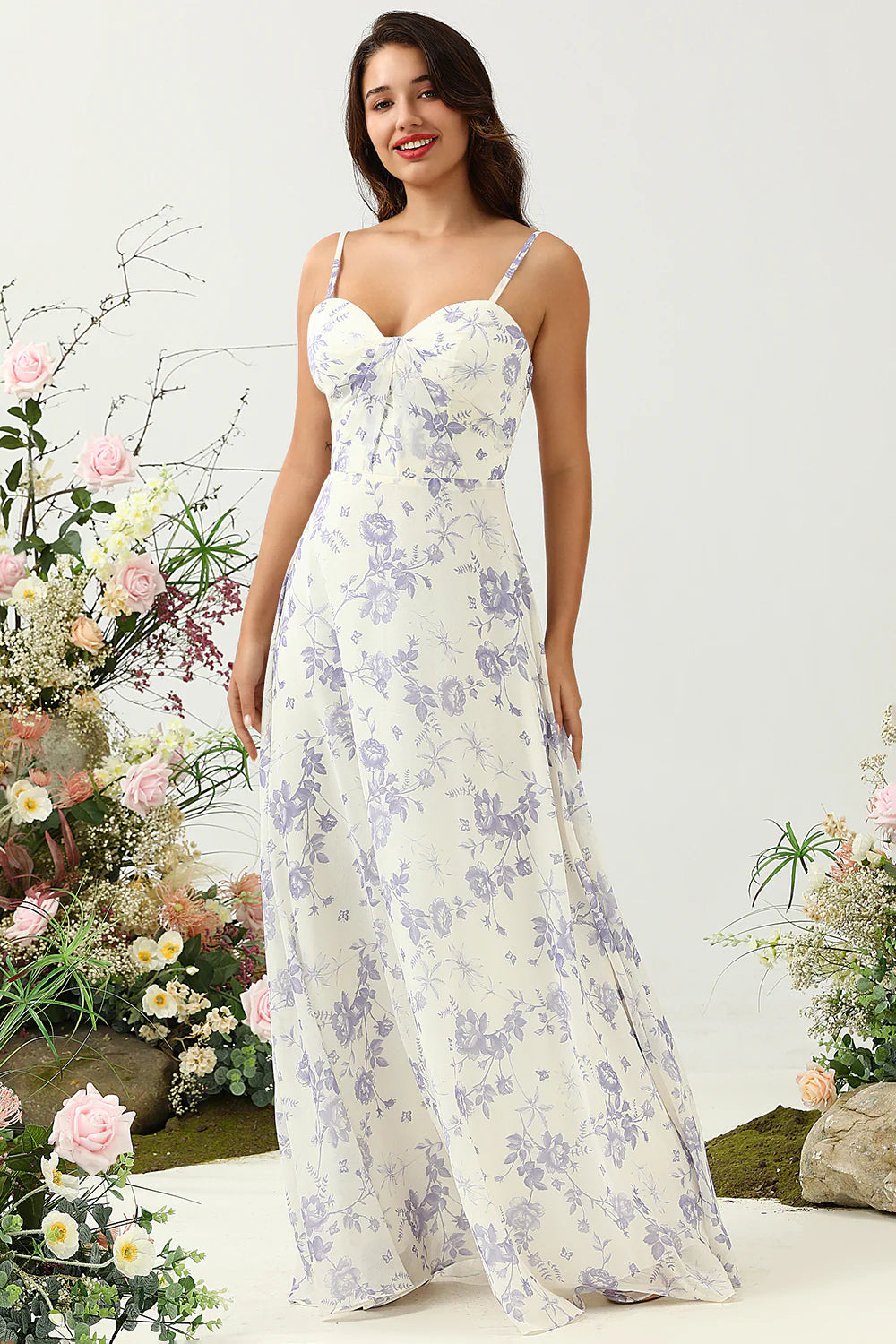 White Purple Flower A Line Spaghetti Straps Chiffon Long Bridesmaid Dress