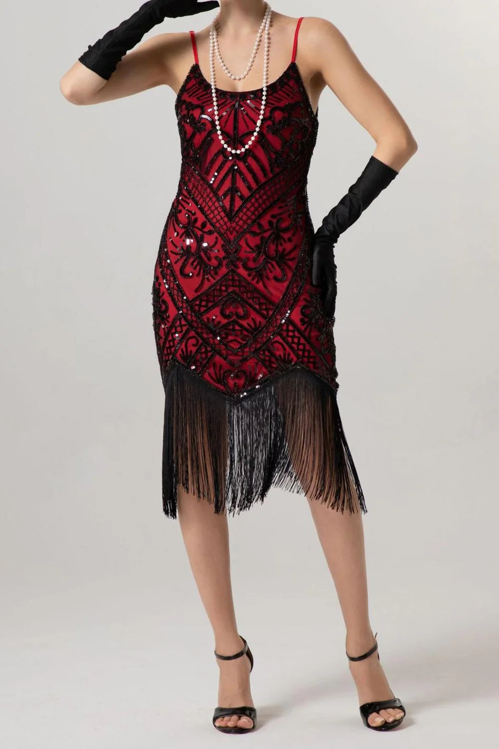 Sheath Black Golden Sequins Midi 1920s Dress with Fringes