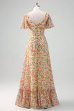 Yellow Flower Printed A Line Chiffon V Neck Bridesmaid Dress with Short Sleeves