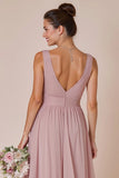 Dusty Rose V Neck A Line Ruched Chiffon Long Bridesmaid Dress