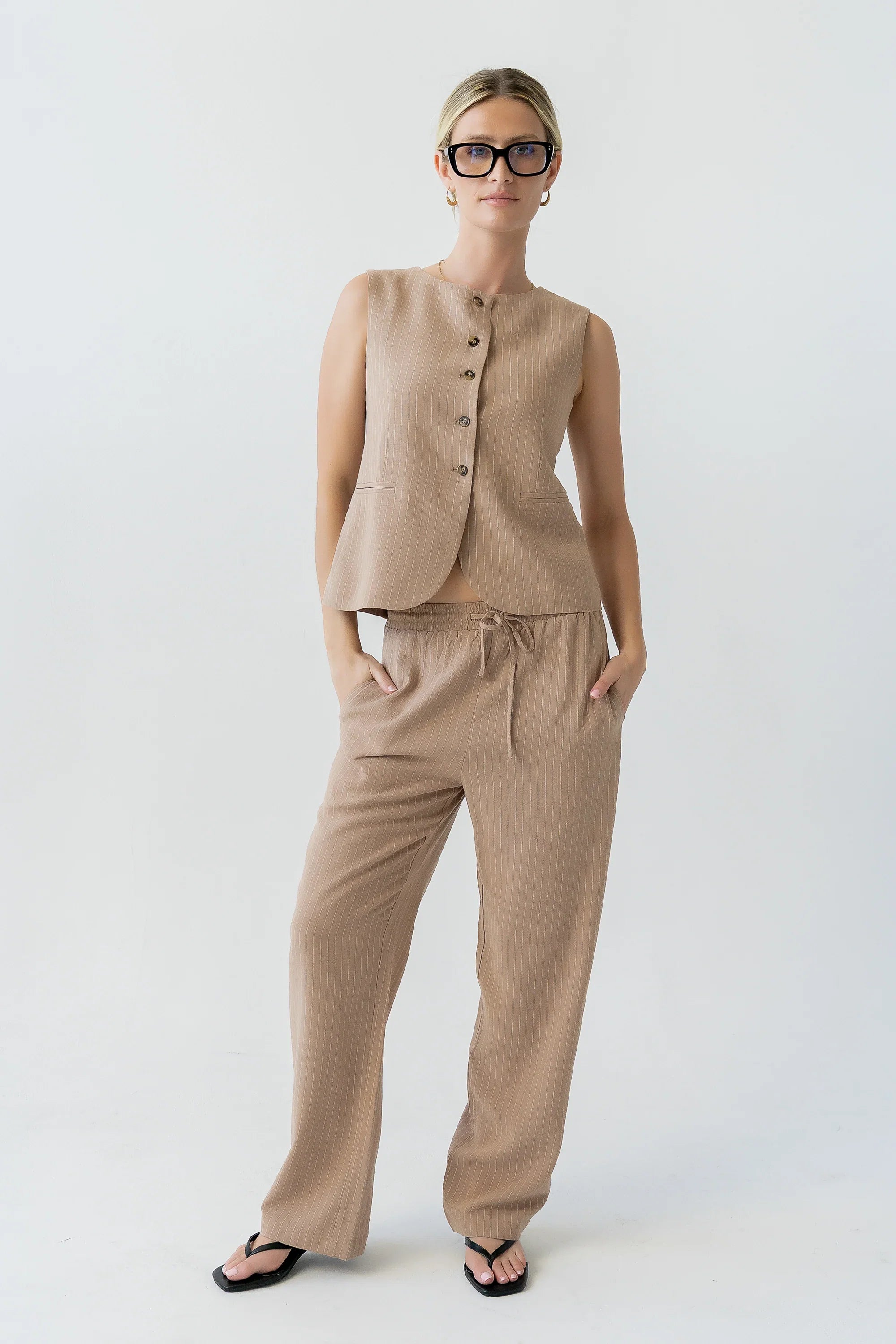 Vivienne Pinstripe Wide Leg Pants in Tan