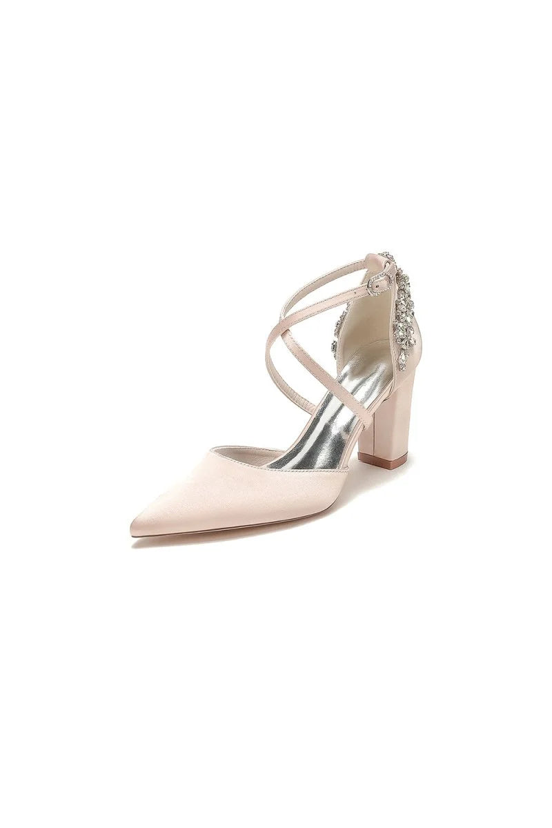 White Satin Pump with Cross Strap and Metal Accent