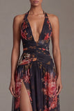 Halter Black A Line Printed Formal Dress with Slit