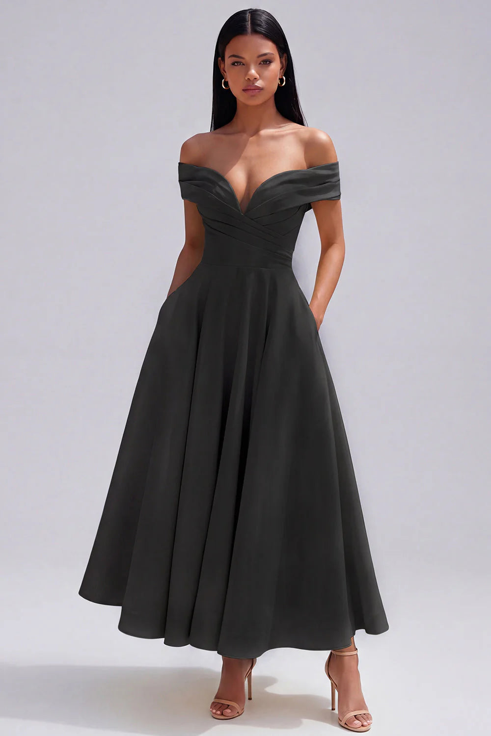 Off The Shoulder Yellow Ruched A Line Midi Wedding Guest Dress