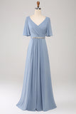 A Line V Neck Chiffon Floor Length Dusty Blue Bridesmaid Dress With Short Sleeves