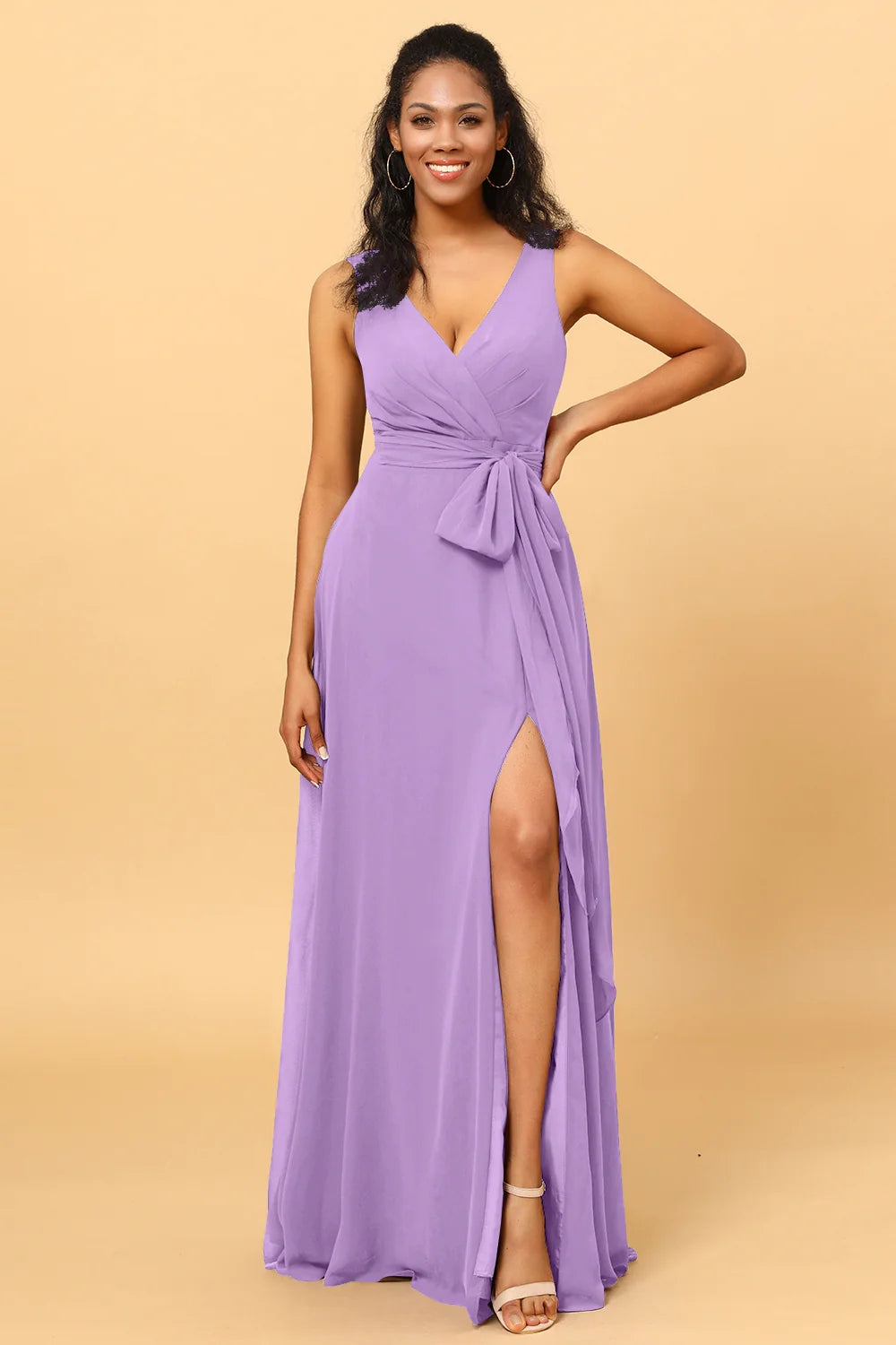 A Line V Neck Sleeveless Long Chiffon Bridesmaid Dress with Slit