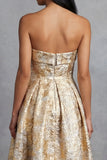 Strapless Gold Floral Jacquard A Line Midi Wedding Guest Dress