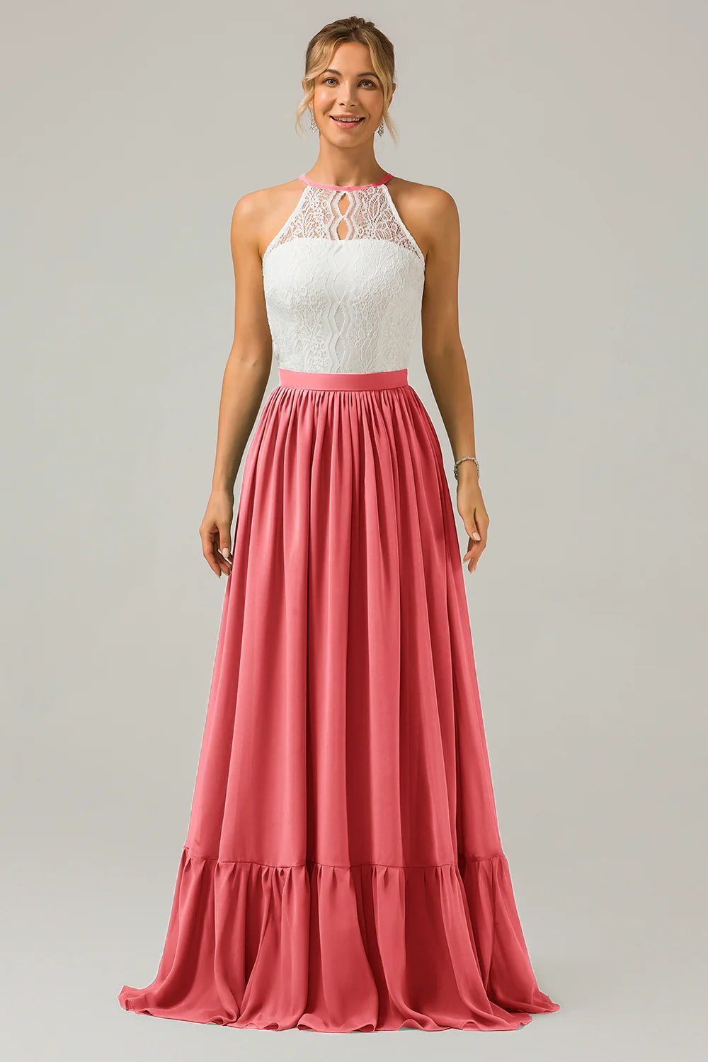 A Line Halter Pleated Keyhole Chiffon Bridesmaid Dress With Lace