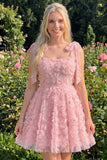 Dusty Rose 3D Floral Appliqued A Line Short Homecoming Dress with Beadings