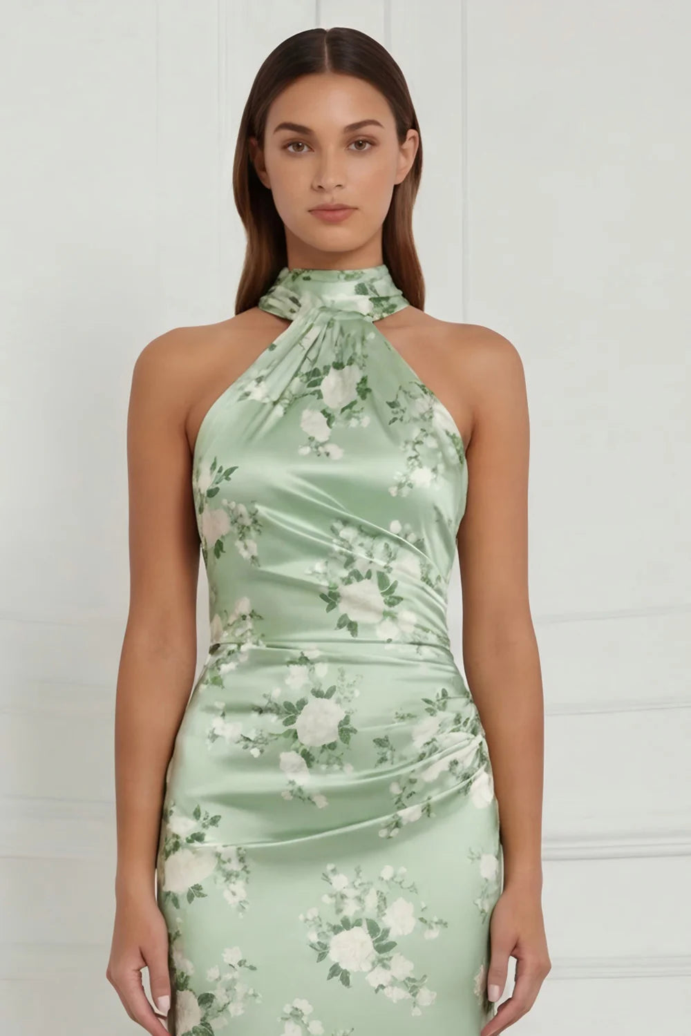 Sage Green Floral Mermaid Halter Printed Long Bridesmaid Dress with Streamer