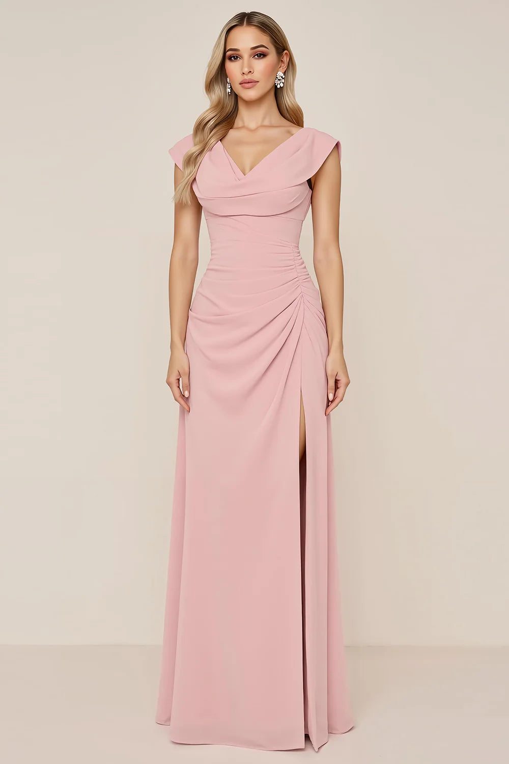 Candy Pink A Line Cowl Neck Long Bridesmaid Dress with Slit