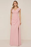 Burgundy A Line Cowl Neck Long Bridesmaid Dress with Slit
