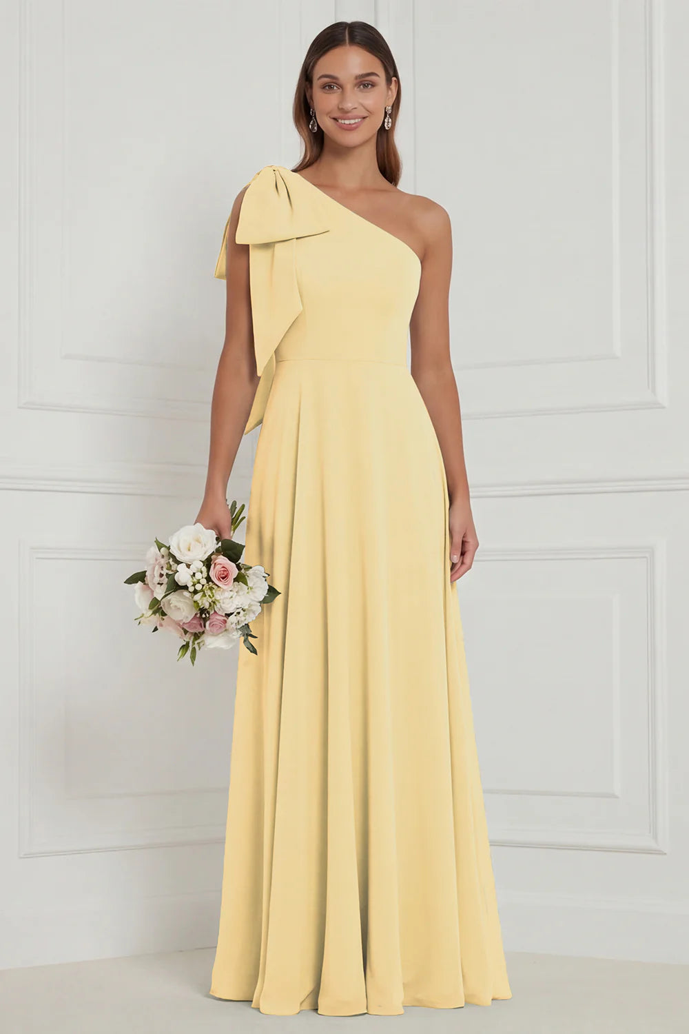 One Shoulder Bow A Line Sage Bridesmaid Dress with Lace up Back