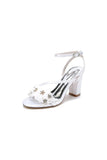 White Open Toe Ankle Strap Chunky Heels with Rhinestone Flower
