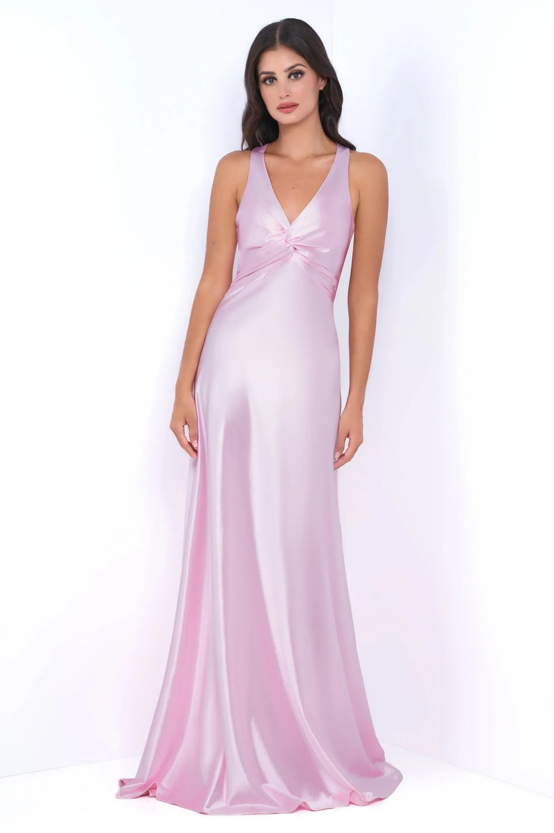 Odette Maxi Dress Pink Open Back With Adjustable Bow Tie Detail